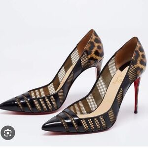 Christian Louboutin Black and Brown Leopard Mesh Heels